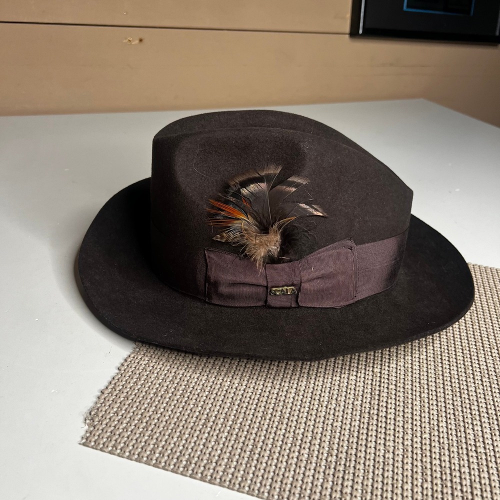 Scala Classico‎ Brown Wool Felt Fedora Hat with Feather Detail Mens XL